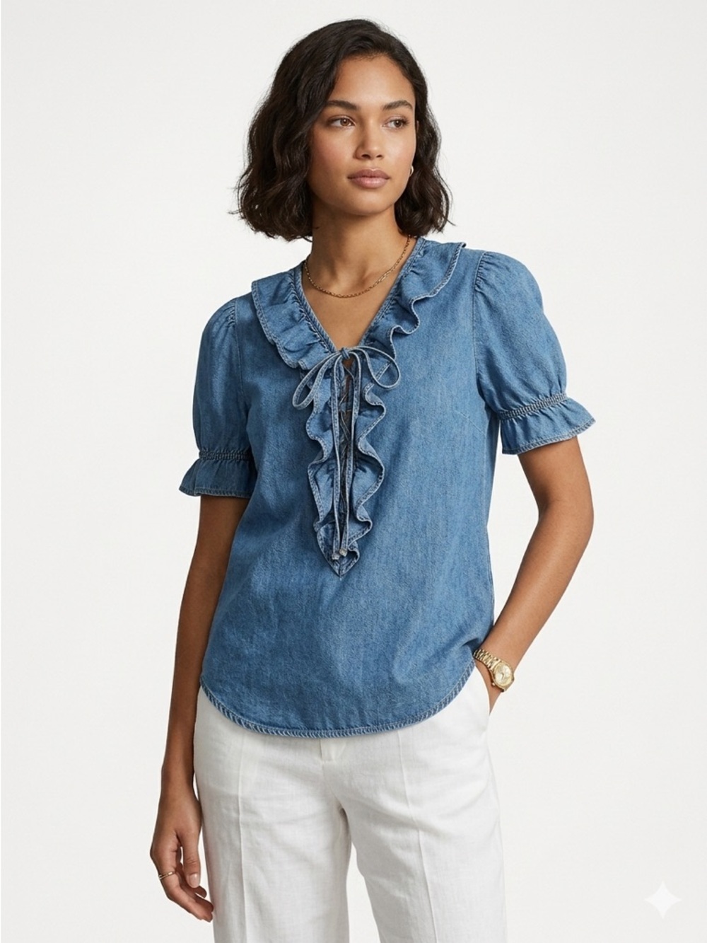 Great Escape Vintage Denim Blouse Lace Up Ruffle Puff Sleeve Cotton Blue Medium